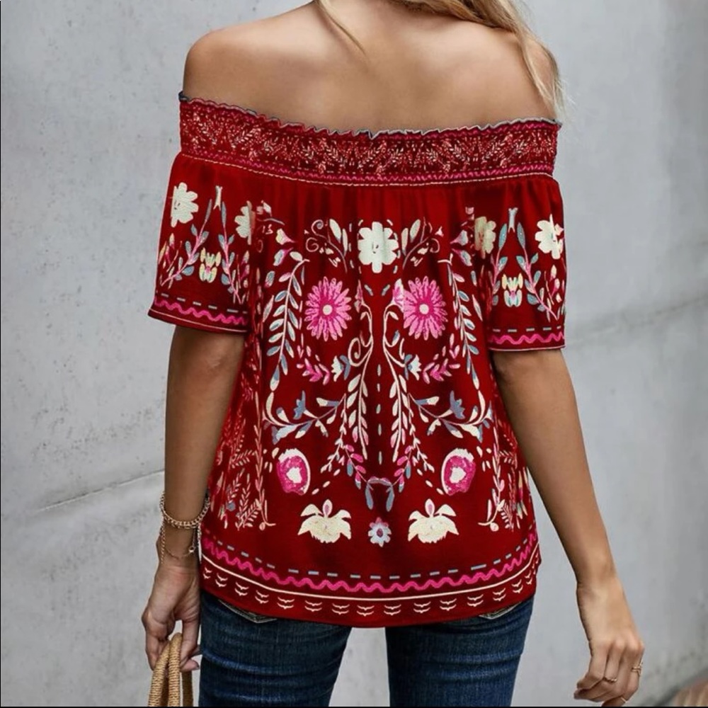 Boho floral print off shoulder blouse Red - Picture 4 of 10